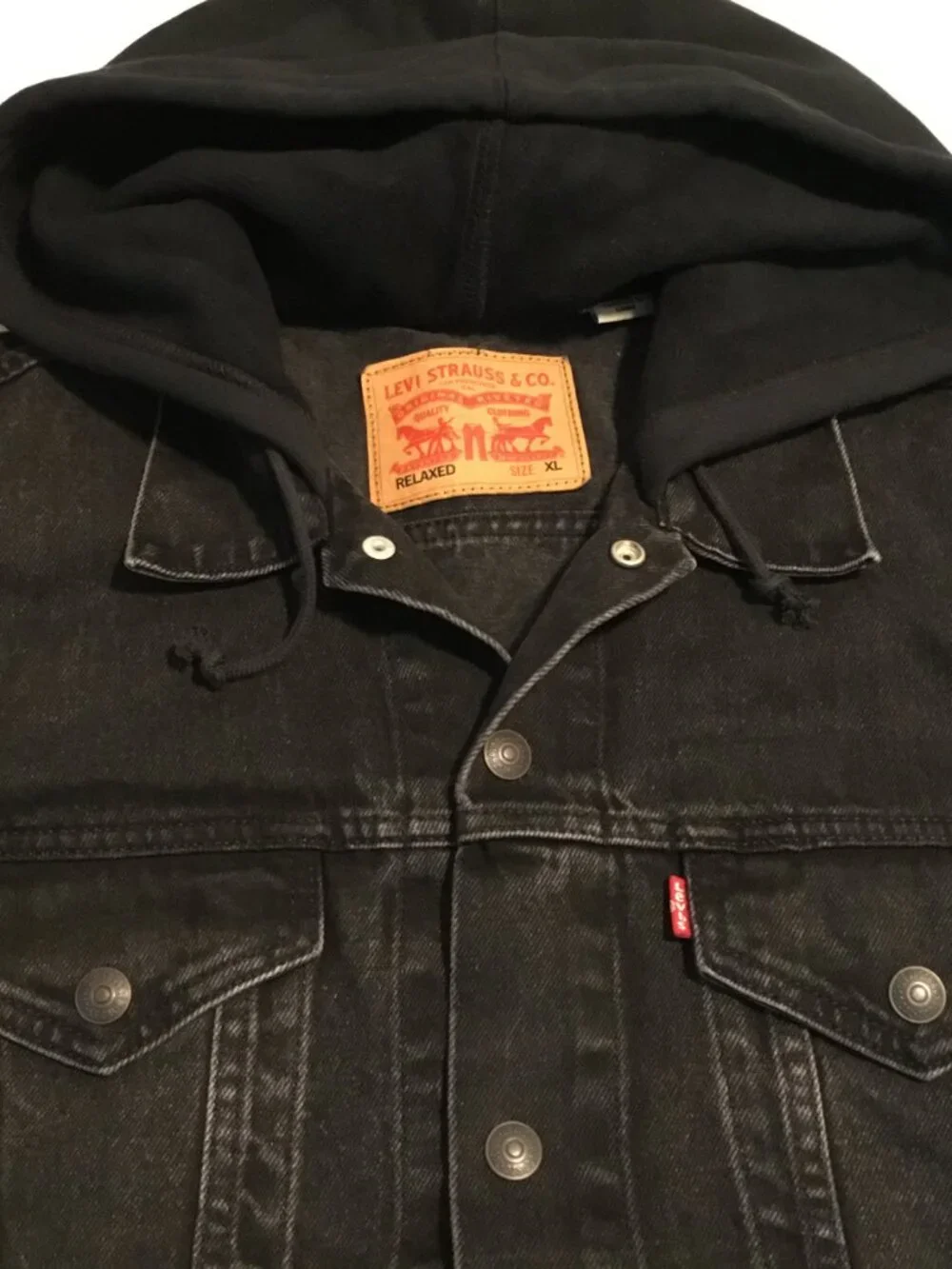 Levis Trucker Black Sweatshirt Hoodie & Sleeves Denim Snap Front Jacket XL - Picture 3 of 10